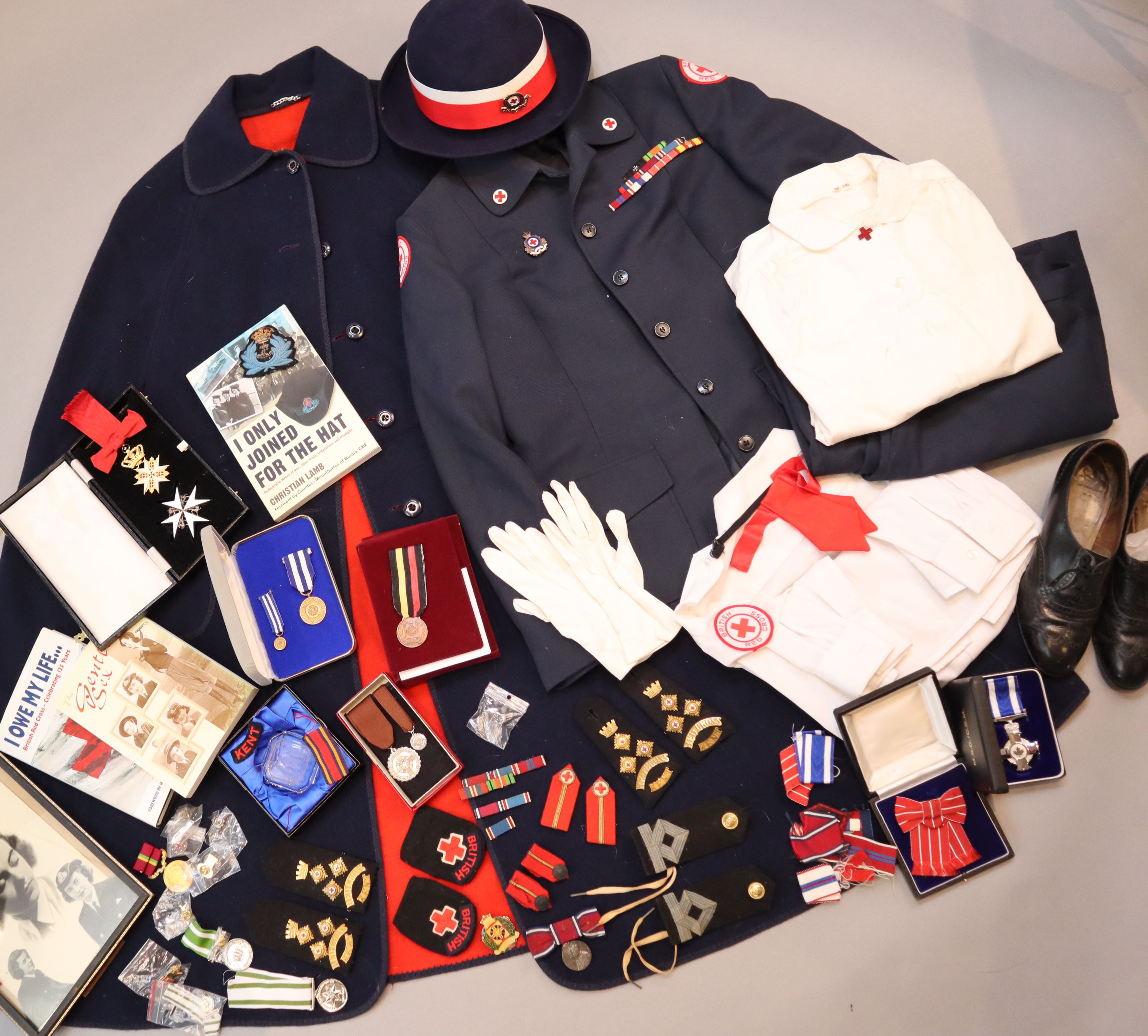 Lady Mountbattens Red Cross uniform, together with related awards, badges and other ephemera,